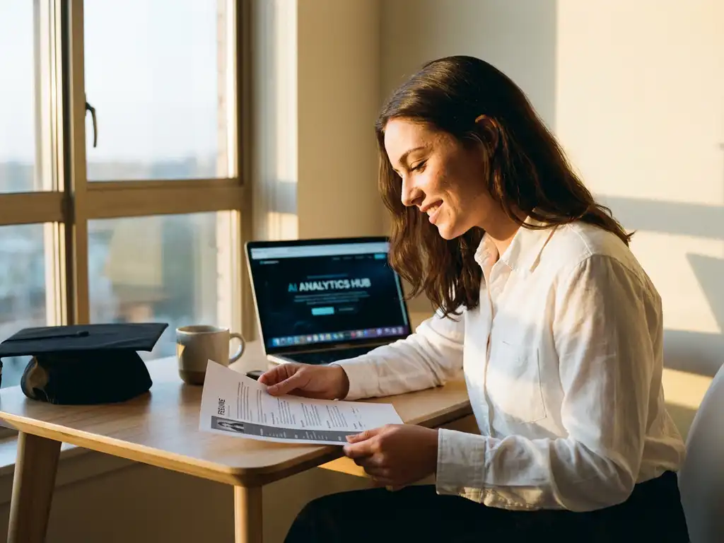 Junger Berufstätiger überprüft Lebenslauf am Schreibtisch mit Laptop und KI-Interface im Hintergrund