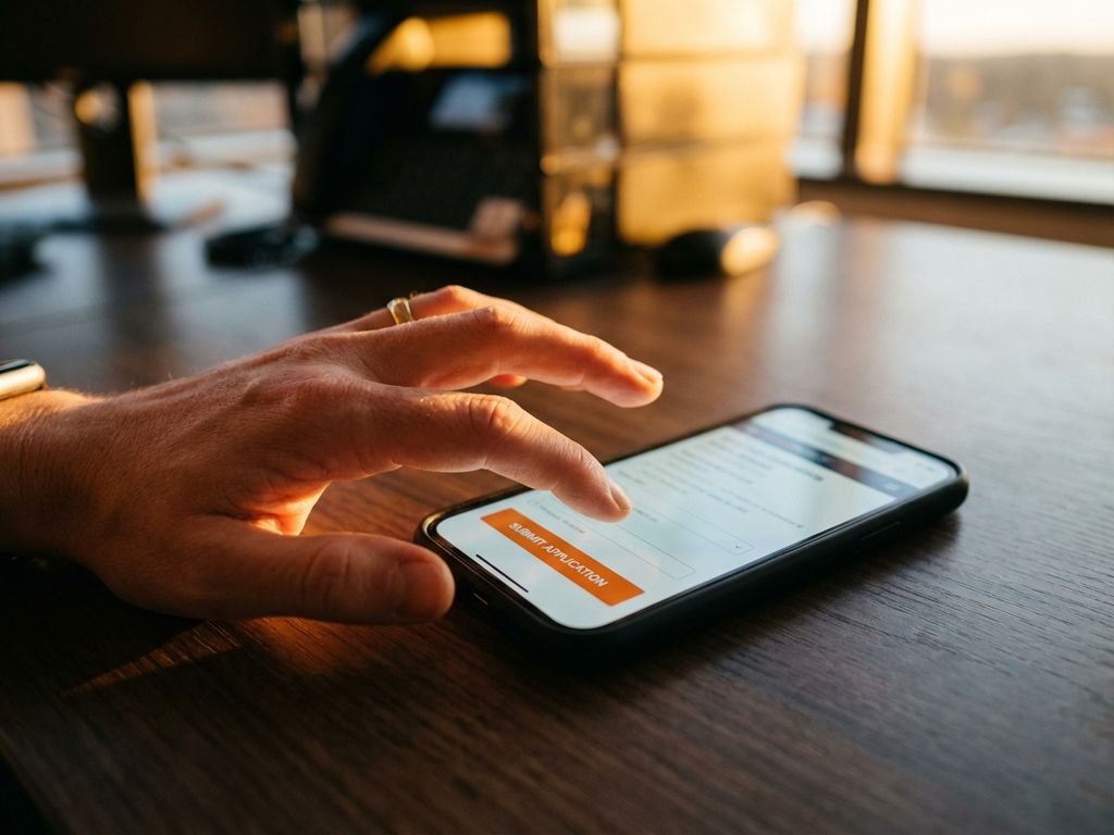 Hand über Smartphone mit Bewerbungs-App, Finger bereit zum Antippen des Senden-Buttons auf Bürotisch
