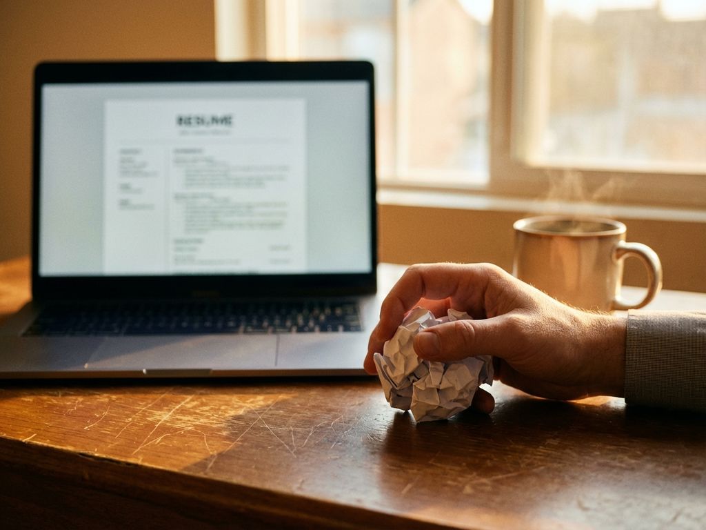 Zerknüllter Bewerbungsbrief neben Laptop mit Lebenslauf-Vorlage auf Holzschreibtisch im warmen Sonnenlicht