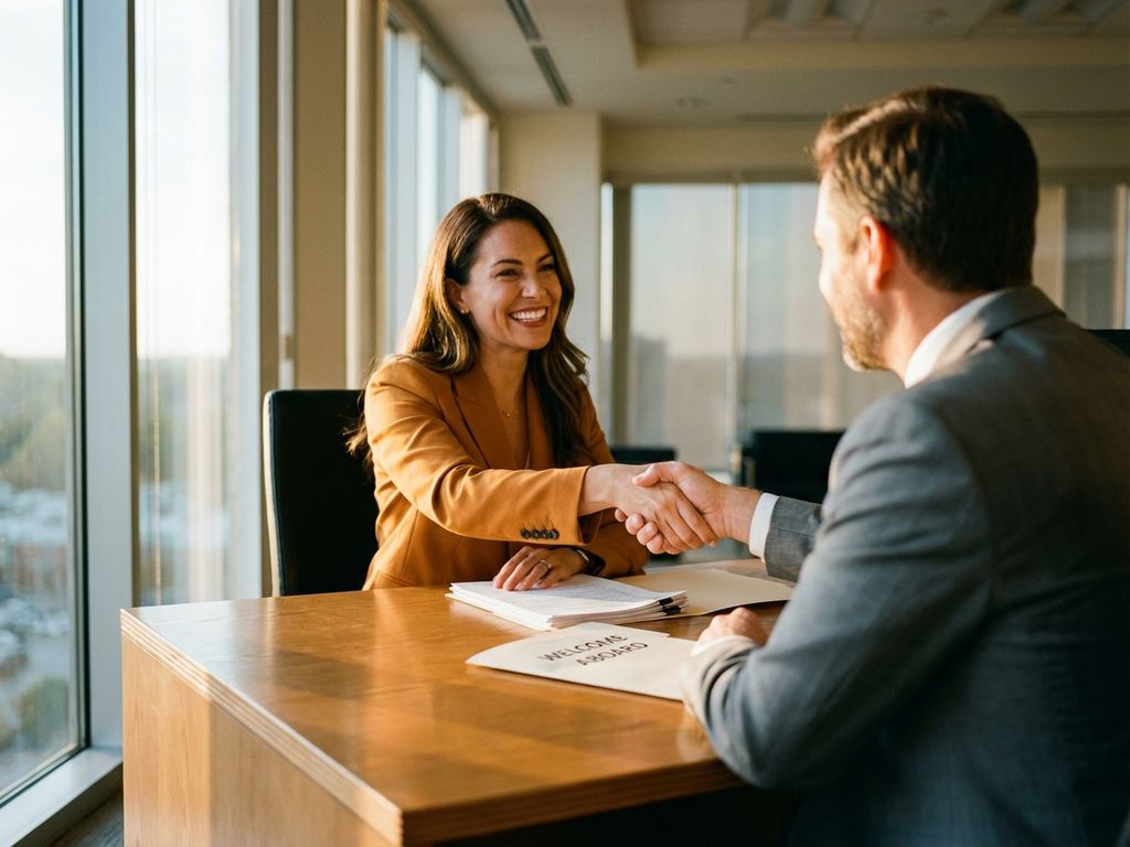 Professioneller Händedruck zwischen Bewerber in bernsteinfarbenem Blazer und Personalmanager am Schreibtisch bei Jobeinstellung