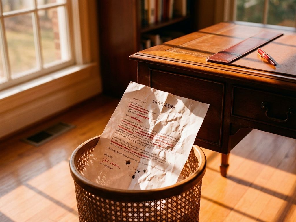 Zerknittertes Bewerbungsschreiben mit roten Korrekturen im Papierkorb neben Holzschreibtisch bei warmem Sonnenlicht