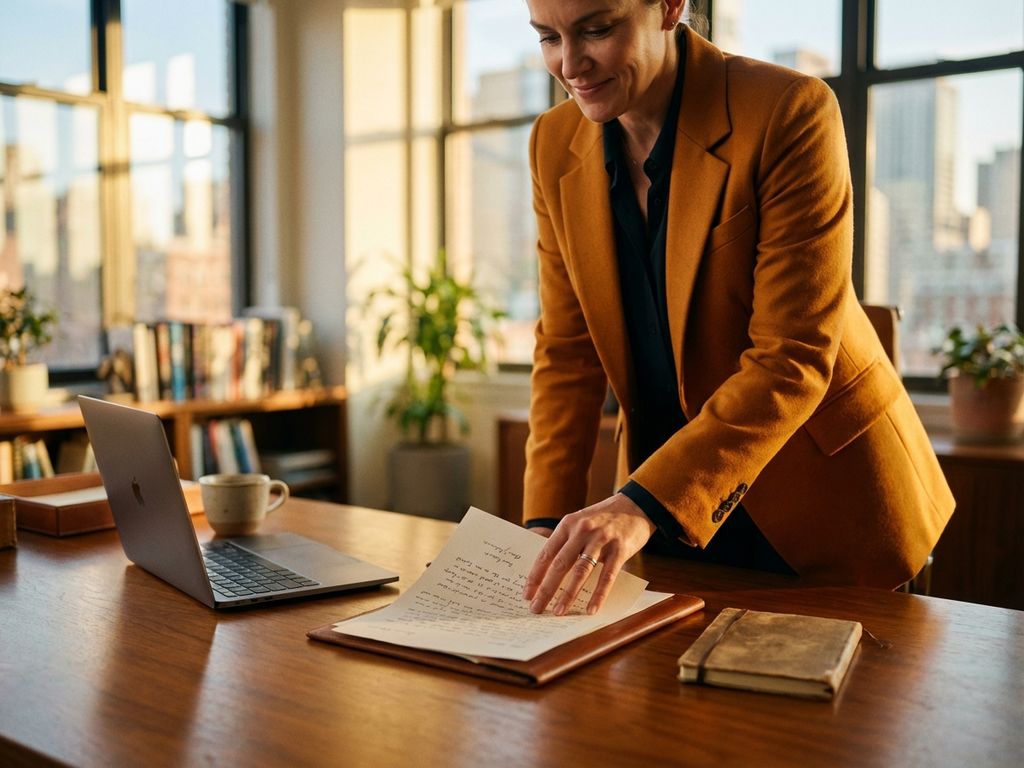 Professionelle Frau in bernsteinfarbenem Blazer legt Bewerbungsschreiben auf Holzschreibtisch, Laptop und Kaffeetasse daneben