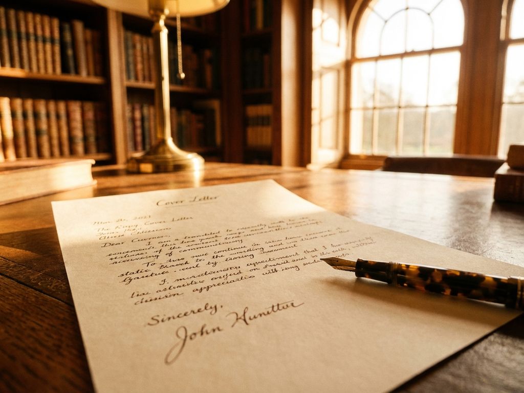 Professioneller Bewerbungsbrief mit handschriftlichen Notizen auf Holzschreibtisch bei warmem Sonnenlicht