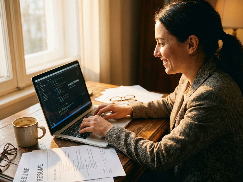 Professionelle Frau tippt konzentriert auf Laptop mit KI-Interface, Lebenslauf-Papiere und Kaffee auf Holzschreibtisch