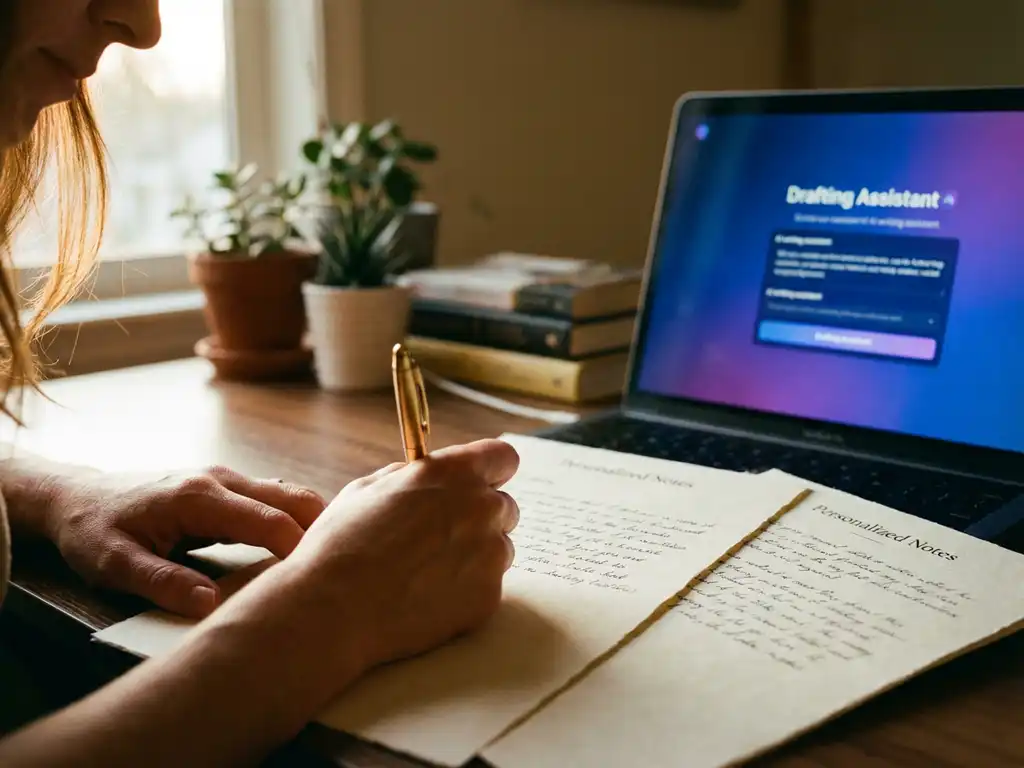 Geschäftsfrau schreibt handschriftliche Notizen auf Bewerbungsschreiben am Holzschreibtisch mit Laptop im Homeoffice