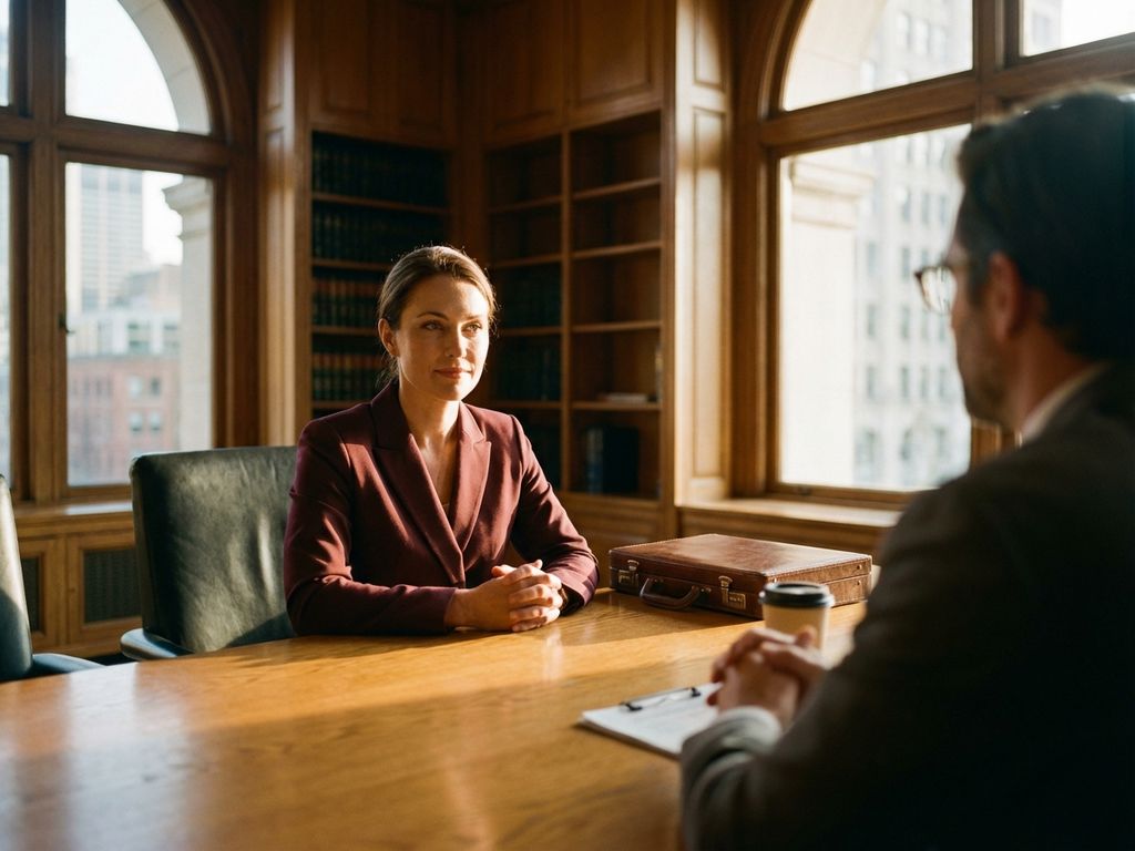 Professionelle Geschäftsfrau in burgunderfarbenem Blazer während Vorstellungsgespräch am Konferenztisch