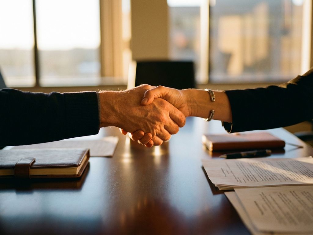 Professioneller Handschlag zwischen zwei Personen über Konferenztisch mit Vertragsunterlagen bei warmem Sonnenlicht