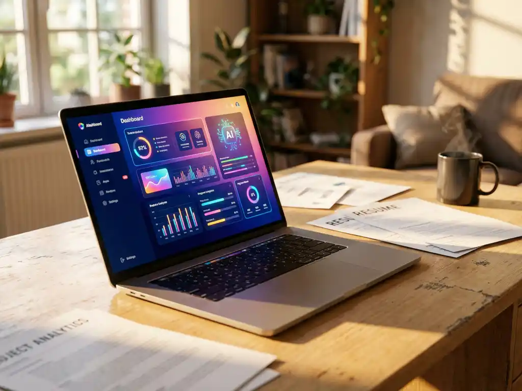 Moderner Laptop mit bunter KI-Dashboard-Oberfläche auf weißem Schreibtisch neben Lebenslauf-Papieren und Kaffeetasse