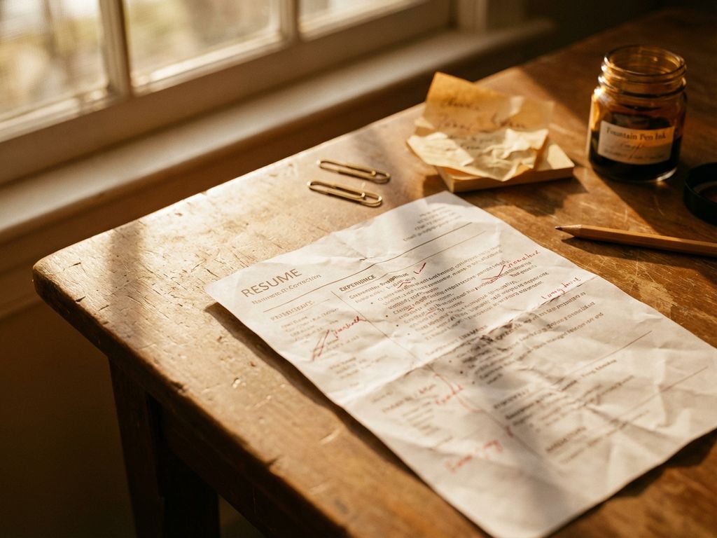 Zerknitterter Lebenslauf mit roten Korrekturen auf Holzschreibtisch, umgeben von Büromaterial im warmen Sonnenlicht