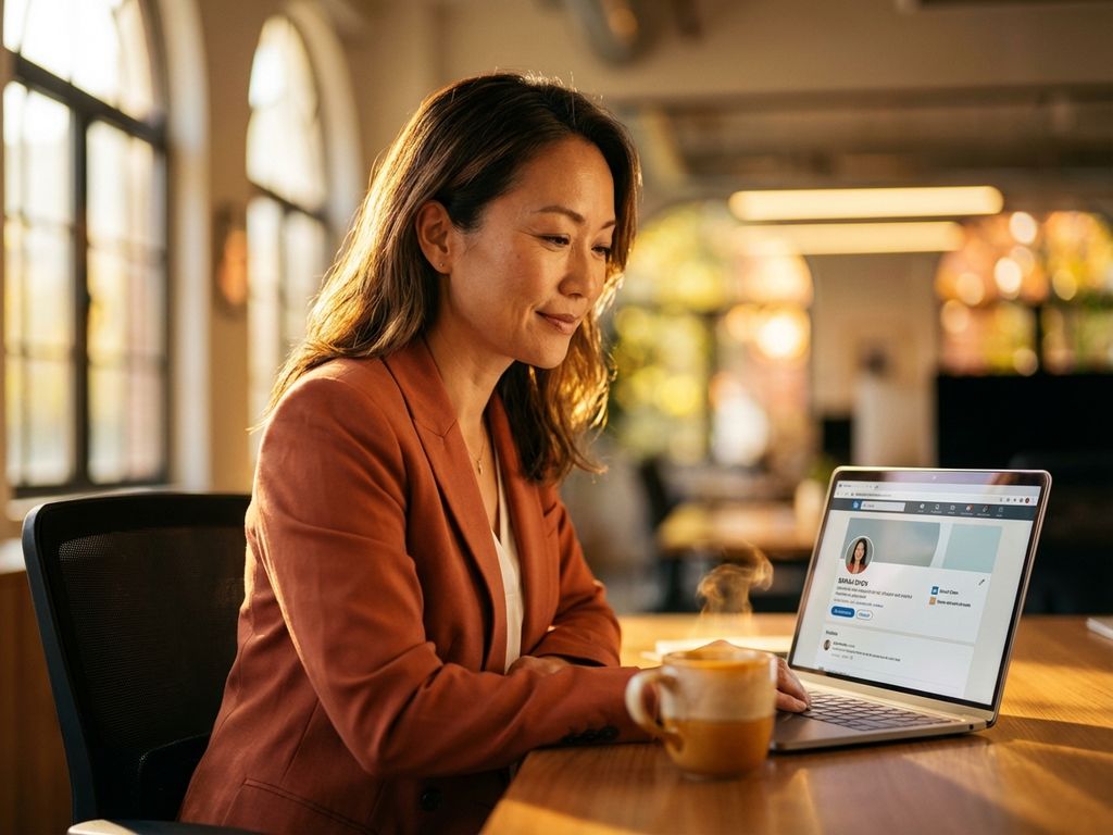 Professionelle Frau in terrakottafarbenem Blazer überprüft LinkedIn-Profil am Laptop bei goldenem Sonnenlicht