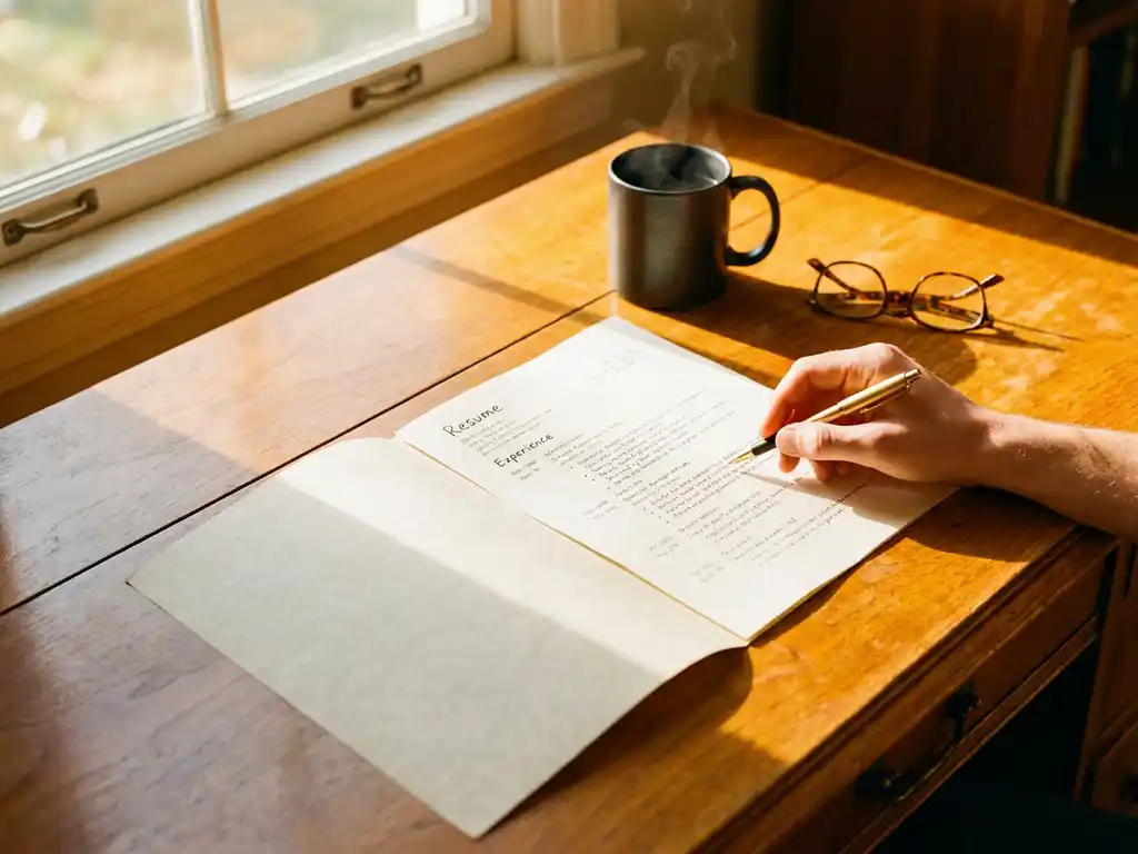 Recruiter überprüft Lebenslauf auf Holzschreibtisch mit Goldstift, Kaffeetasse und Brille im warmen Sonnenlicht
