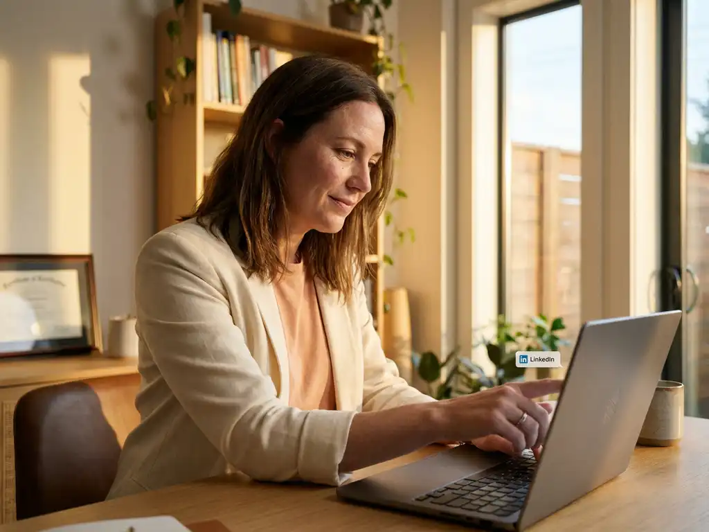 Professionelle Frau im cremefarbenen Blazer berührt Laptop-Bildschirm mit LinkedIn-Benachrichtigung in sonnendurchflutetem Büro