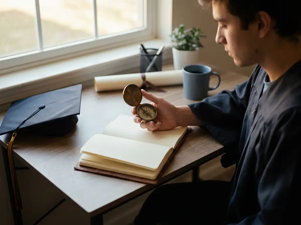 Junger Absolvent hält Kompass über leeres Journal an modernem Schreibtisch, daneben Diplom und Kaffeetasse, warmes Amberlicht.