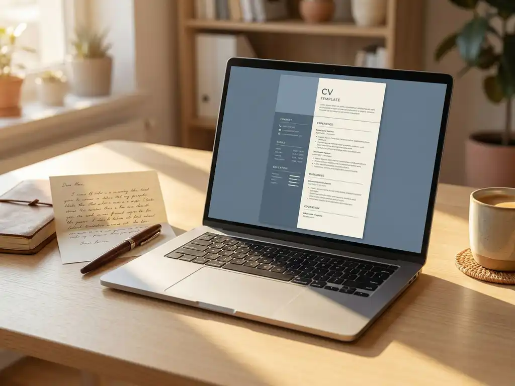 Laptop mit CV-Vorlage auf weißem Schreibtisch, daneben handgeschriebener Brief und Füllfederhalter im warmen Fensterlicht.