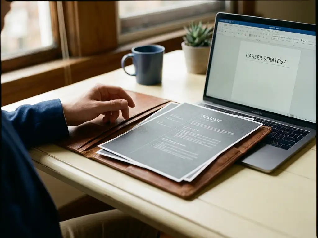 Geöffnetes Lederportfolio neben Laptop auf minimalistischem Schreibtisch, Recruiter-Hand darüber schwebend, professionelle Karriereberatung.