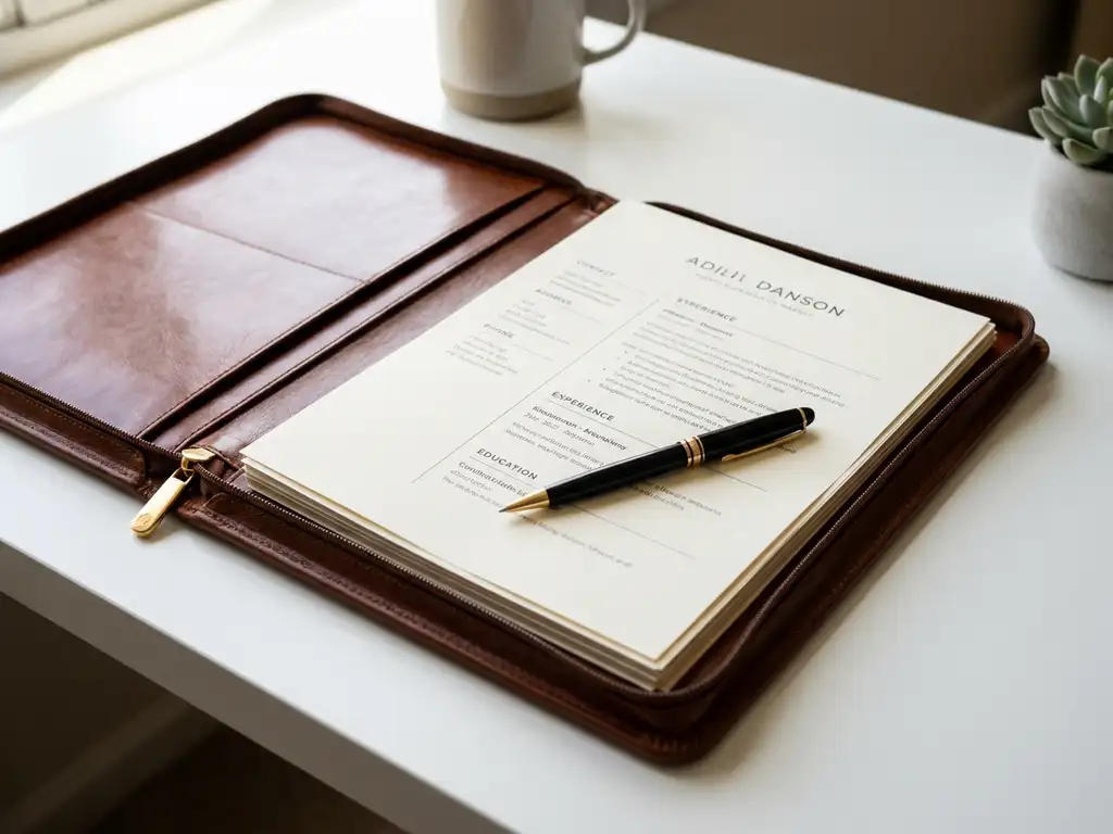 Aufgeklapptes Lederportfolio mit Lebenslauf und Stift auf weißem Schreibtisch im warmen Tageslicht.