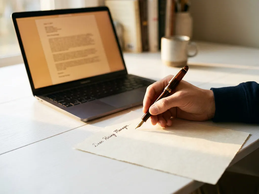 Hand hält Füllfederhalter über handgeschriebenes Anschreiben auf weißem Schreibtisch, Laptop daneben, warmes goldenes Licht.