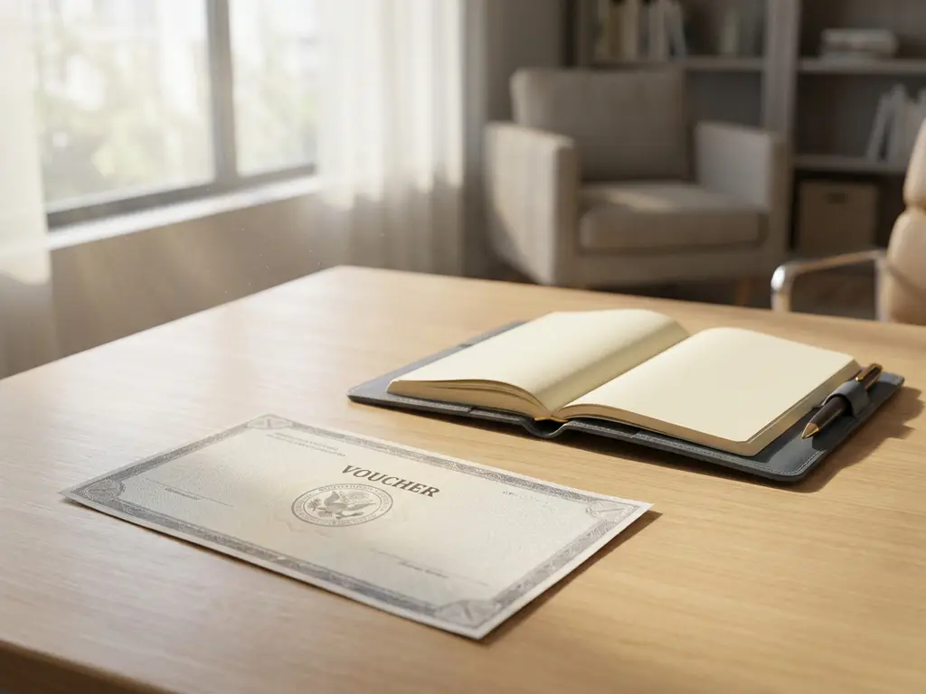 Staatlicher Bildungsgutschein auf einem modernen Schreibtisch neben aufgeschlagenem Notizbuch und Stift im warmen Bürolicht.