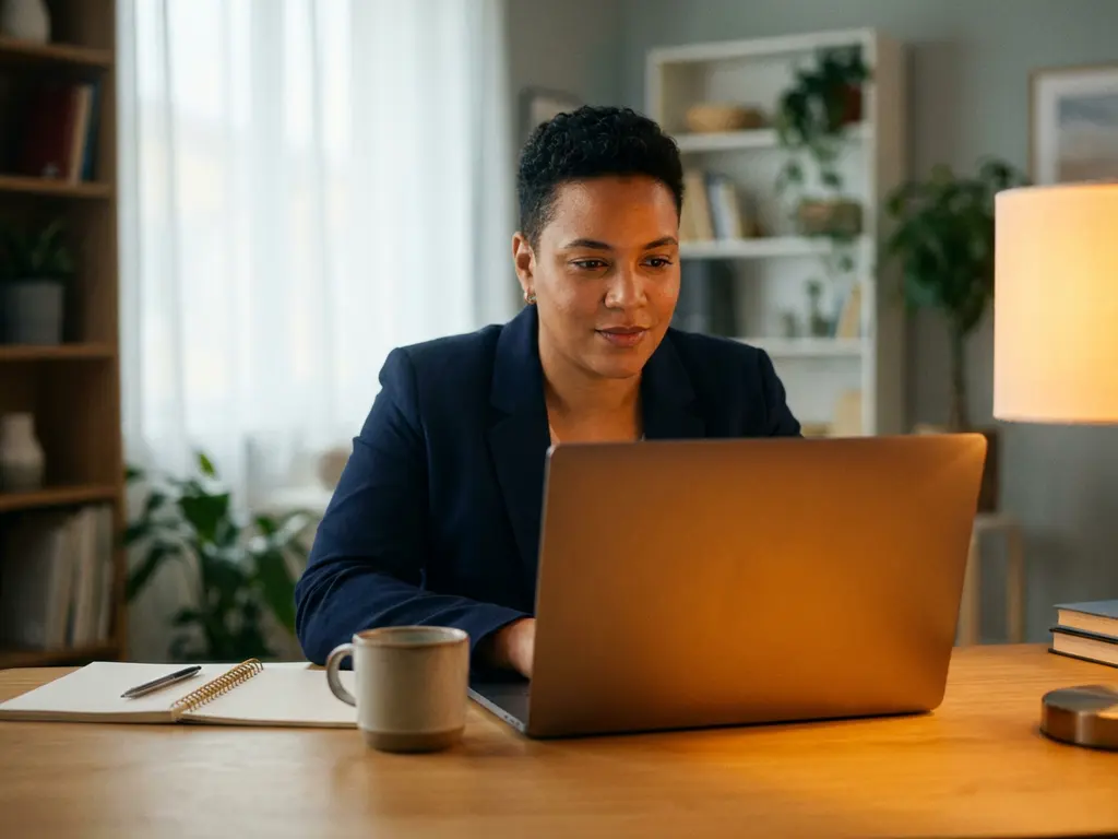 Fachkraft beim Video-Coaching am aufgeräumten Homeoffice-Schreibtisch mit offenem Laptop, Notizbuch und warmem Lichtambiente.