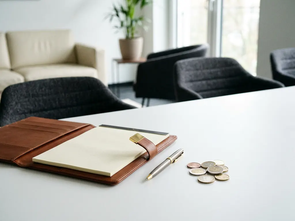 Aufgeschlagenes Leder-Portfolio mit Stift und Euromünzen auf weißem Schreibtisch, natürliches Seitenlicht, modernes Büro.